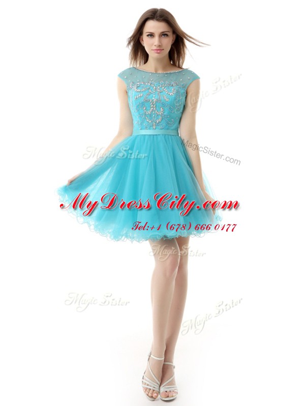 Discount Knee Length Aqua Blue Dress for Prom Organza Sleeveless Beading