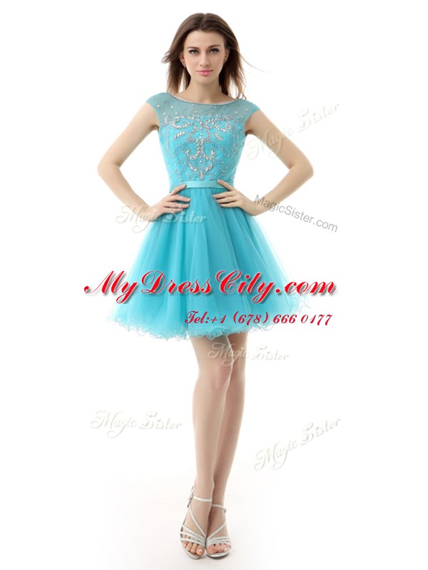 Discount Knee Length Aqua Blue Dress for Prom Organza Sleeveless Beading