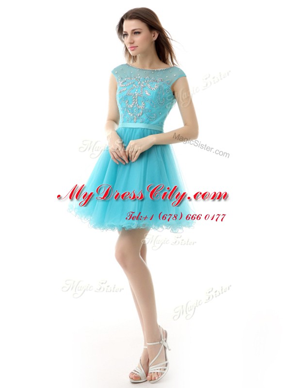 Discount Knee Length Aqua Blue Dress for Prom Organza Sleeveless Beading