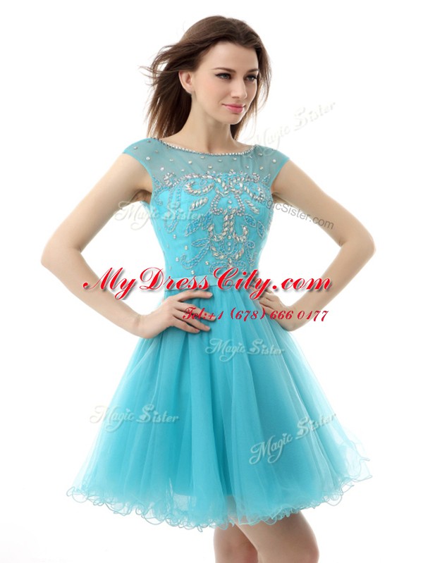 Discount Knee Length Aqua Blue Dress for Prom Organza Sleeveless Beading