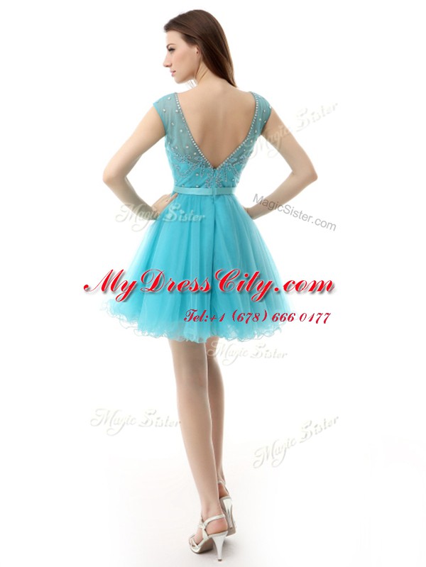 Discount Knee Length Aqua Blue Dress for Prom Organza Sleeveless Beading