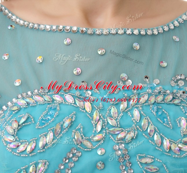 Discount Knee Length Aqua Blue Dress for Prom Organza Sleeveless Beading