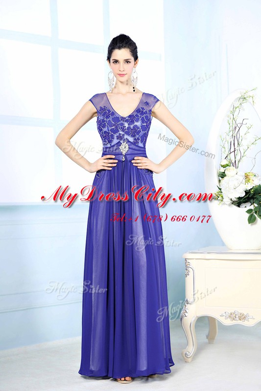 Decent Floor Length Blue Evening Dress Scoop Sleeveless Zipper