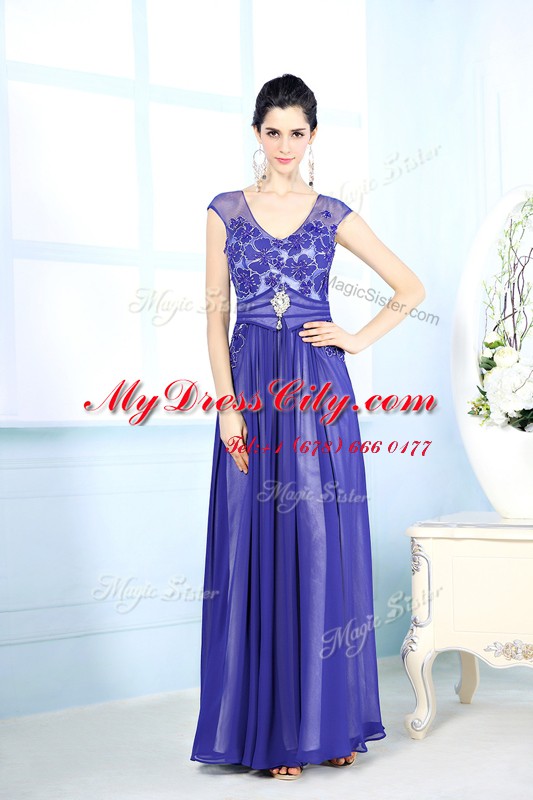 Decent Floor Length Blue Evening Dress Scoop Sleeveless Zipper