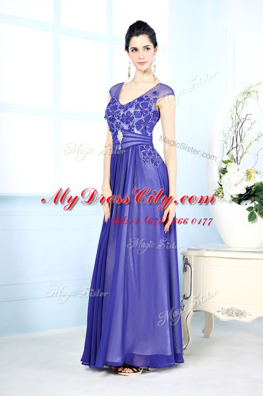 Decent Floor Length Blue Evening Dress Scoop Sleeveless Zipper