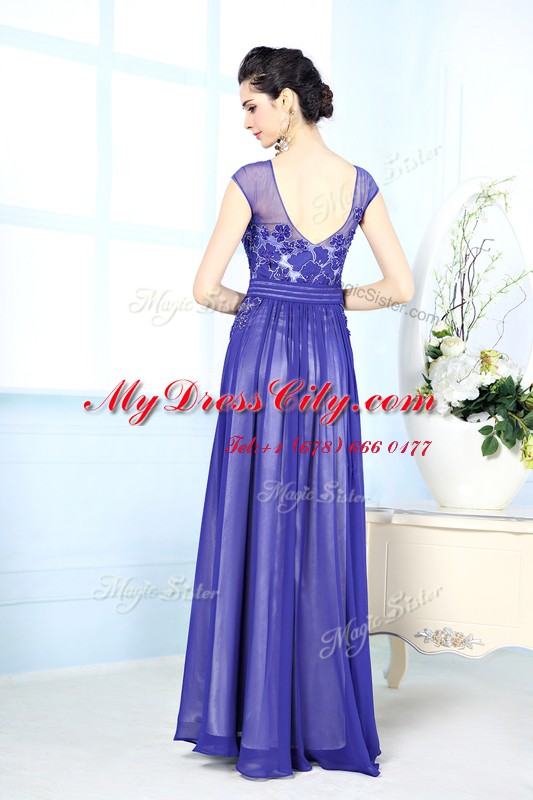 Decent Floor Length Blue Evening Dress Scoop Sleeveless Zipper