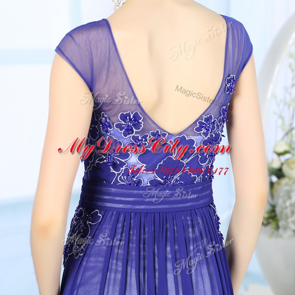 Decent Floor Length Blue Evening Dress Scoop Sleeveless Zipper