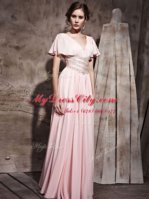 Dynamic Floor Length Side Zipper Prom Dresses Pink for Prom and Party with Beading and Ruching