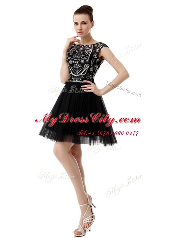 Chic Black Zipper Evening Dress Beading Sleeveless Knee Length