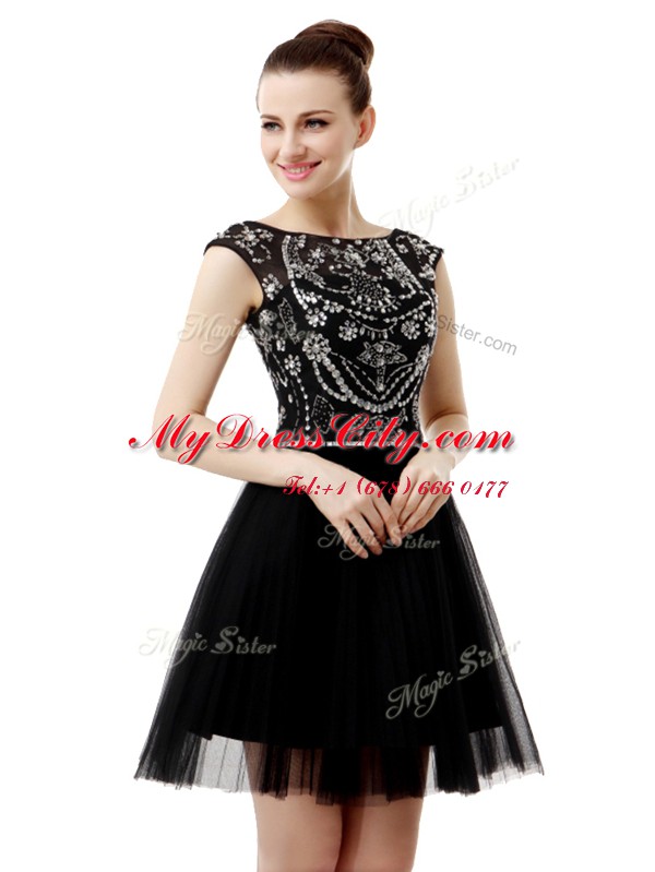 Chic Black Zipper Evening Dress Beading Sleeveless Knee Length