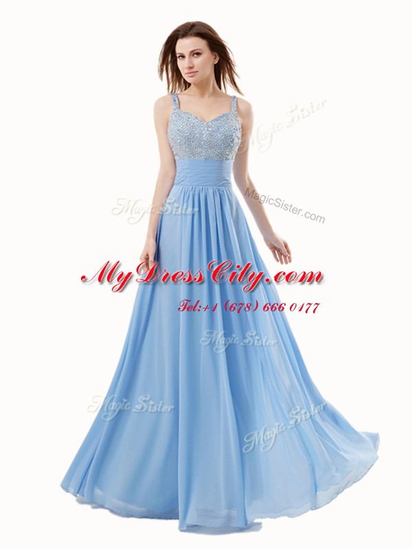 Blue Sleeveless Chiffon and Sequined Side Zipper Prom Dresses for Prom