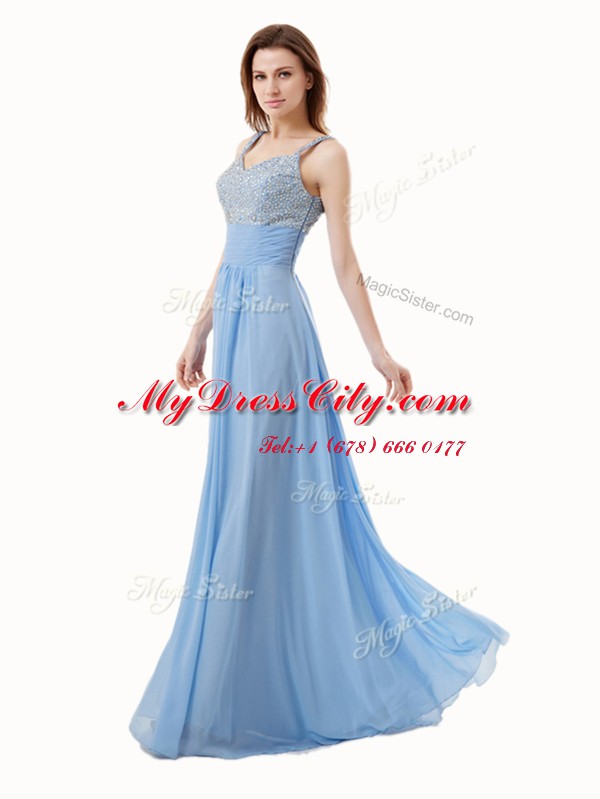 Blue Sleeveless Chiffon and Sequined Side Zipper Prom Dresses for Prom