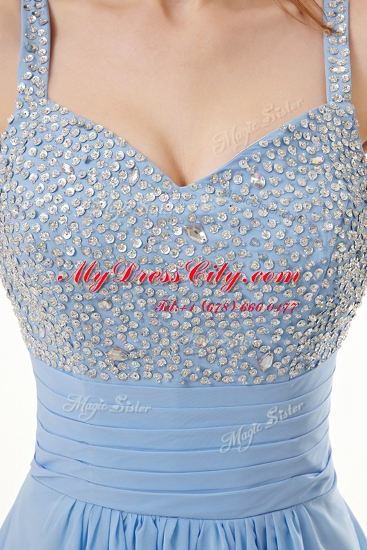 Blue Sleeveless Chiffon and Sequined Side Zipper Prom Dresses for Prom