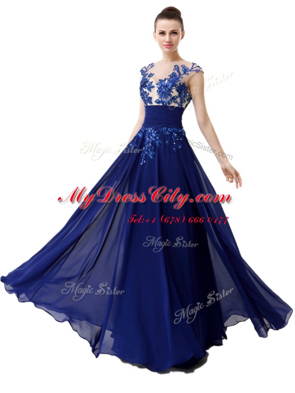 Blue Chiffon Zipper Prom Evening Gown Cap Sleeves Floor Length Beading and Appliques