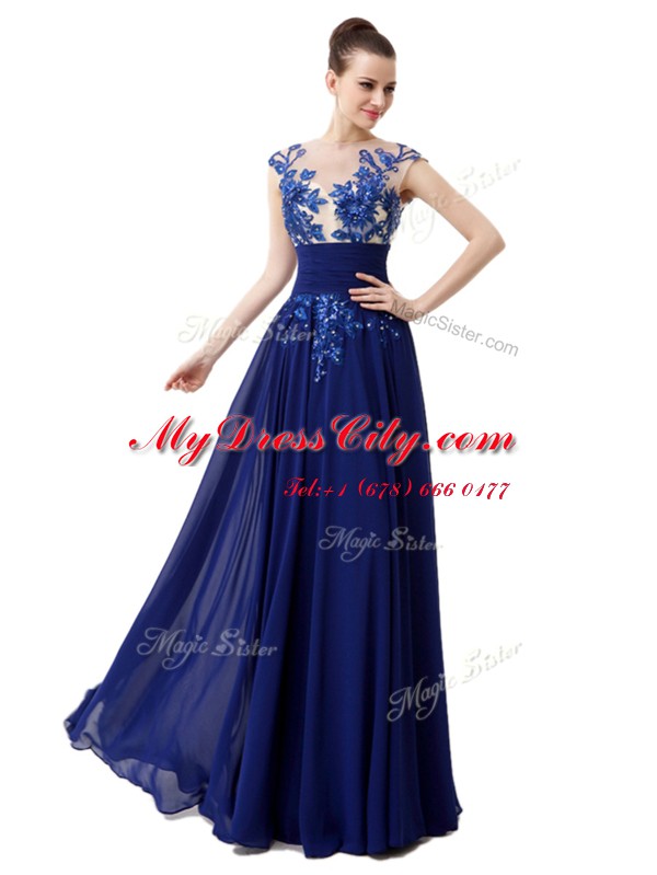 Blue Chiffon Zipper Prom Evening Gown Cap Sleeves Floor Length Beading and Appliques