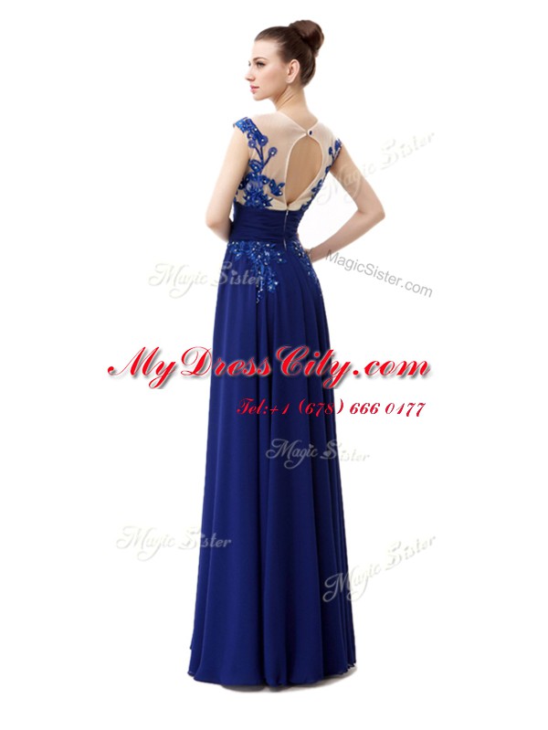 Blue Chiffon Zipper Prom Evening Gown Cap Sleeves Floor Length Beading and Appliques