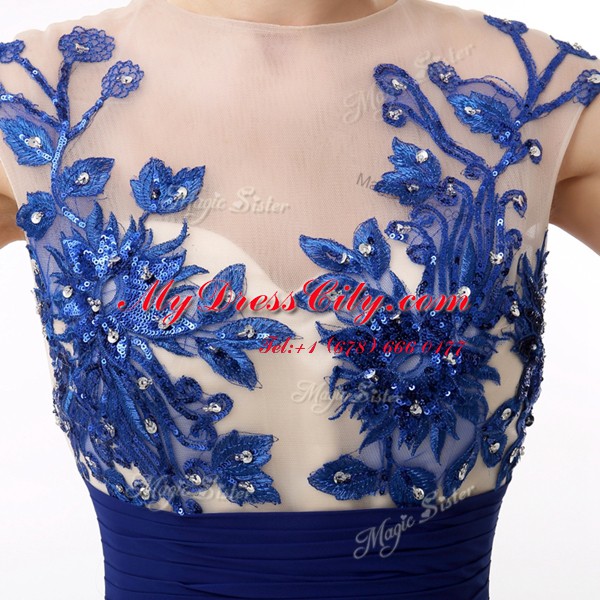 Blue Chiffon Zipper Prom Evening Gown Cap Sleeves Floor Length Beading and Appliques