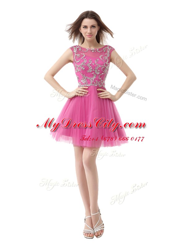 Scoop Cap Sleeves Mini Length Beading and Sequins and Pleated Zipper Club Wear with Rose Pink