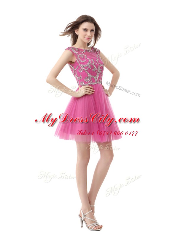 Scoop Cap Sleeves Mini Length Beading and Sequins and Pleated Zipper Club Wear with Rose Pink