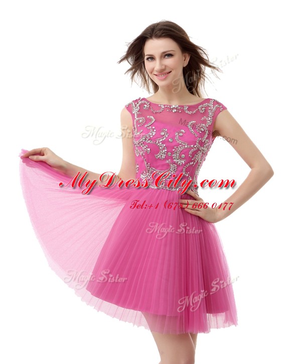 Scoop Cap Sleeves Mini Length Beading and Sequins and Pleated Zipper Club Wear with Rose Pink