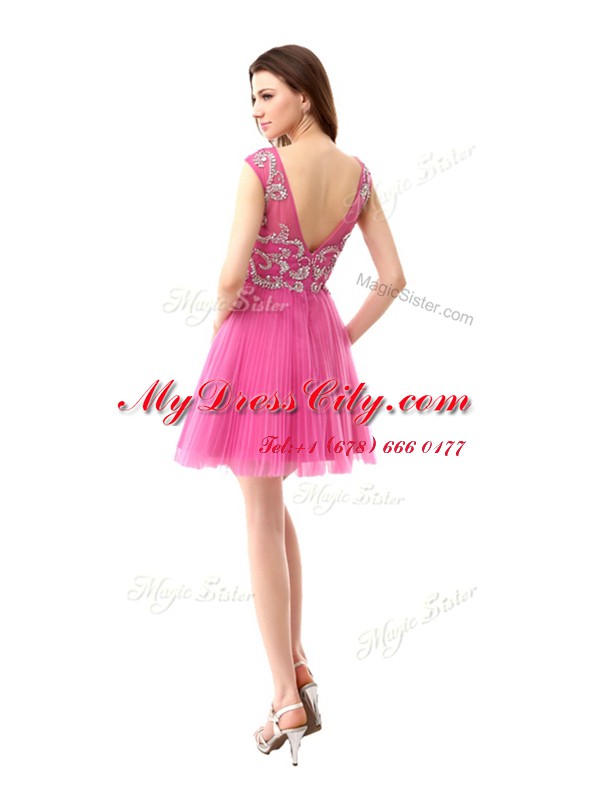 Scoop Cap Sleeves Mini Length Beading and Sequins and Pleated Zipper Club Wear with Rose Pink