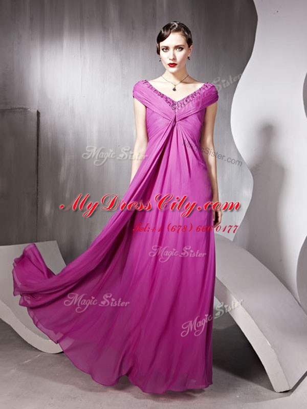 Artistic Rose Pink Tulle Zipper V-neck Cap Sleeves Floor Length Prom Party Dress Beading and Ruching