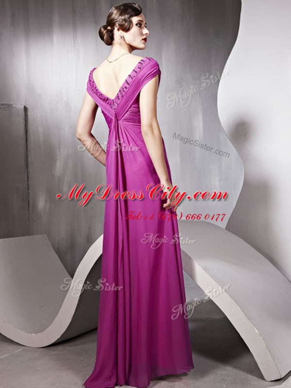 Artistic Rose Pink Tulle Zipper V-neck Cap Sleeves Floor Length Prom Party Dress Beading and Ruching