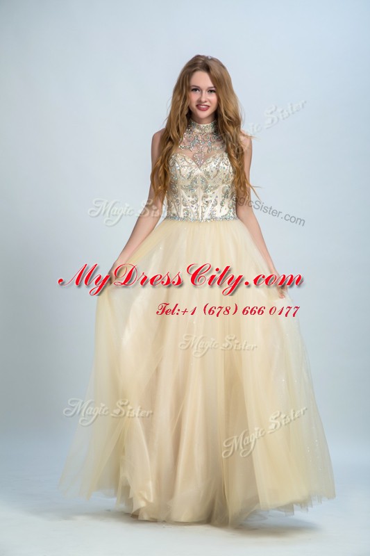 Cute Champagne Column/Sheath Chiffon High-neck Sleeveless Beading Floor Length Zipper Prom Gown