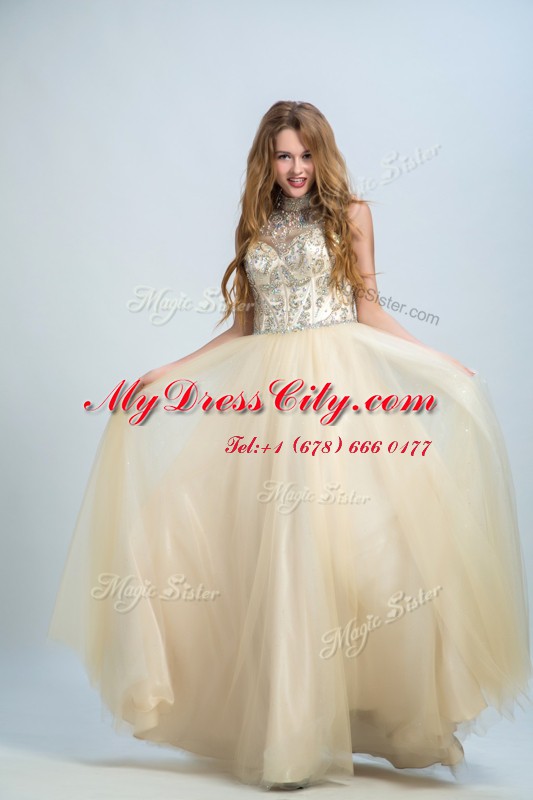 Cute Champagne Column/Sheath Chiffon High-neck Sleeveless Beading Floor Length Zipper Prom Gown