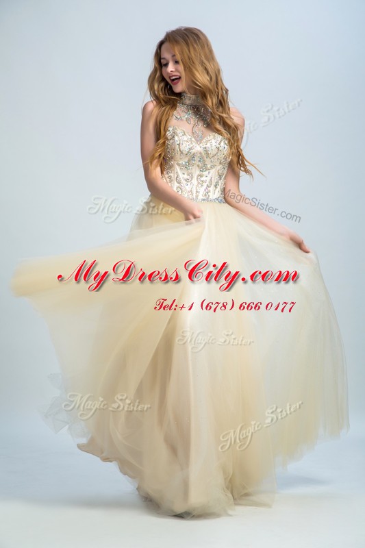 Cute Champagne Column/Sheath Chiffon High-neck Sleeveless Beading Floor Length Zipper Prom Gown