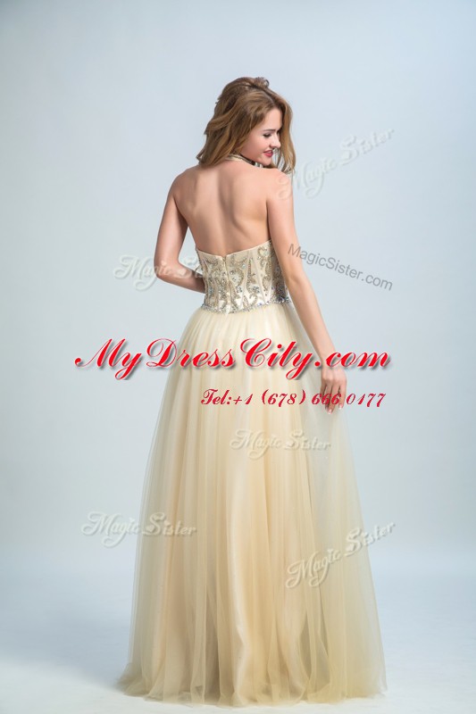 Cute Champagne Column/Sheath Chiffon High-neck Sleeveless Beading Floor Length Zipper Prom Gown