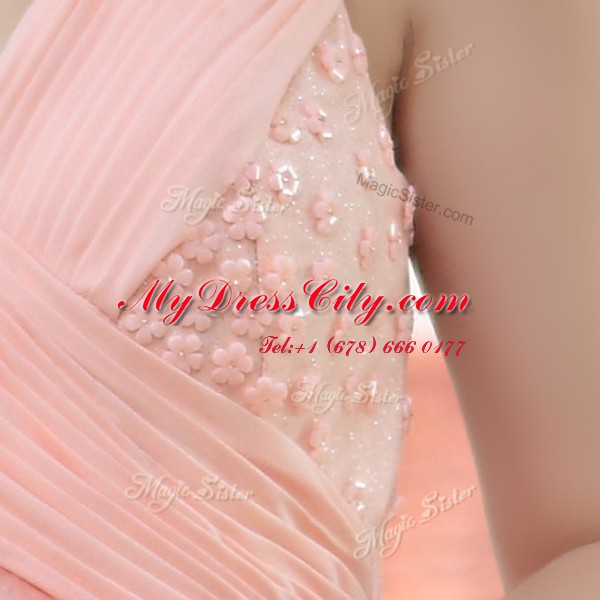 Edgy Baby Pink Sleeveless Floor Length Beading Zipper Prom Gown