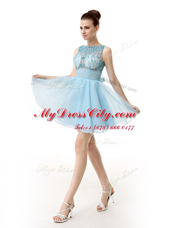 Scoop Light Blue A-line Beading and Sashes ribbons Prom Dress Zipper Chiffon Sleeveless Knee Length