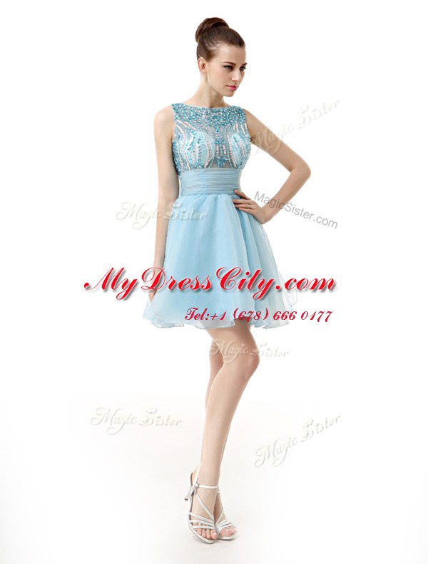 Scoop Light Blue A-line Beading and Sashes ribbons Prom Dress Zipper Chiffon Sleeveless Knee Length