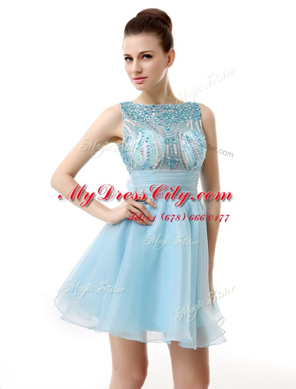 Scoop Light Blue A-line Beading and Sashes ribbons Prom Dress Zipper Chiffon Sleeveless Knee Length