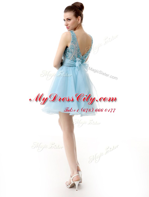 Scoop Light Blue A-line Beading and Sashes ribbons Prom Dress Zipper Chiffon Sleeveless Knee Length