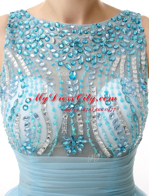 Scoop Light Blue A-line Beading and Sashes ribbons Prom Dress Zipper Chiffon Sleeveless Knee Length