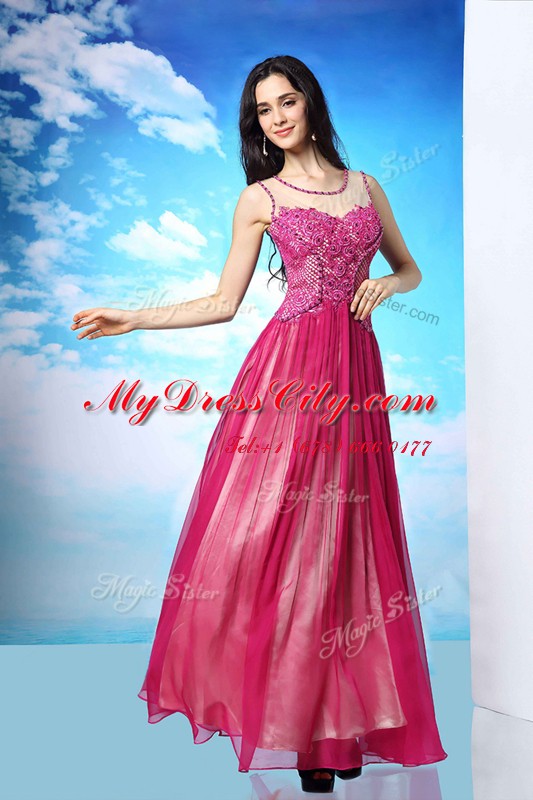 Column/Sheath Prom Gown Fuchsia Scoop Chiffon Sleeveless Floor Length Side Zipper