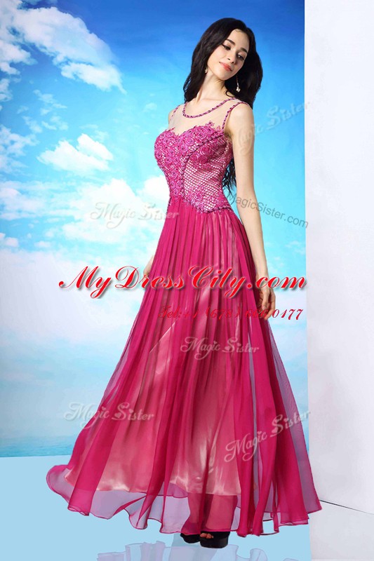 Column/Sheath Prom Gown Fuchsia Scoop Chiffon Sleeveless Floor Length Side Zipper