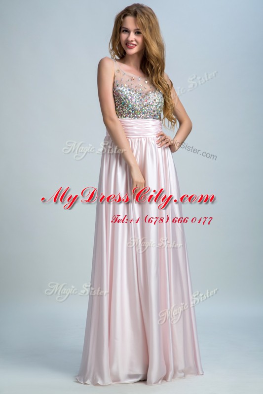 Glittering Baby Pink Sleeveless Floor Length Beading and Ruching Side Zipper Evening Dress