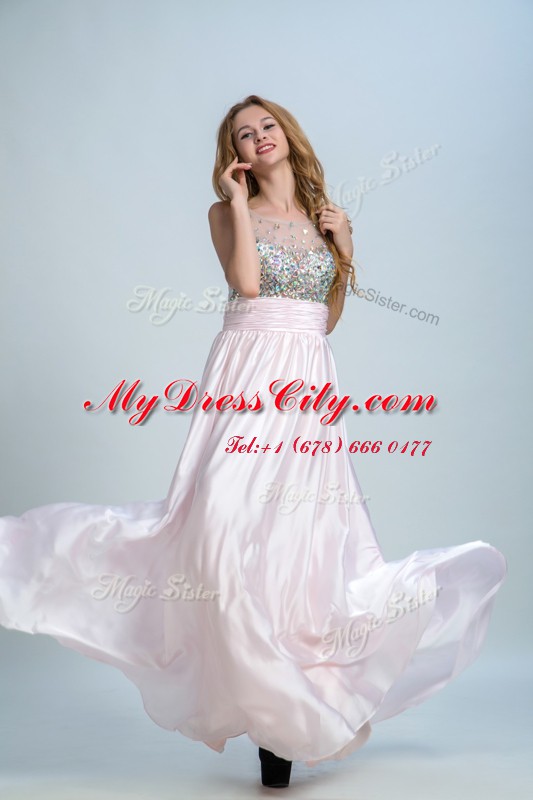 Glittering Baby Pink Sleeveless Floor Length Beading and Ruching Side Zipper Evening Dress