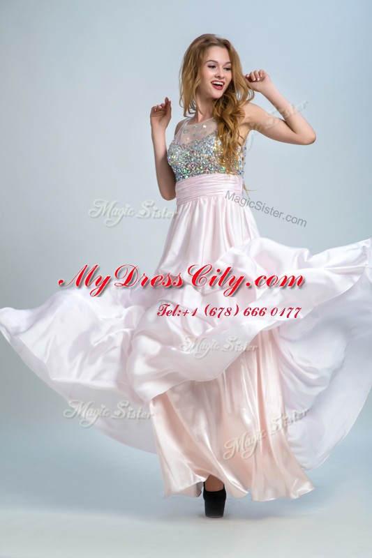 Glittering Baby Pink Sleeveless Floor Length Beading and Ruching Side Zipper Evening Dress