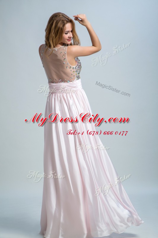 Glittering Baby Pink Sleeveless Floor Length Beading and Ruching Side Zipper Evening Dress