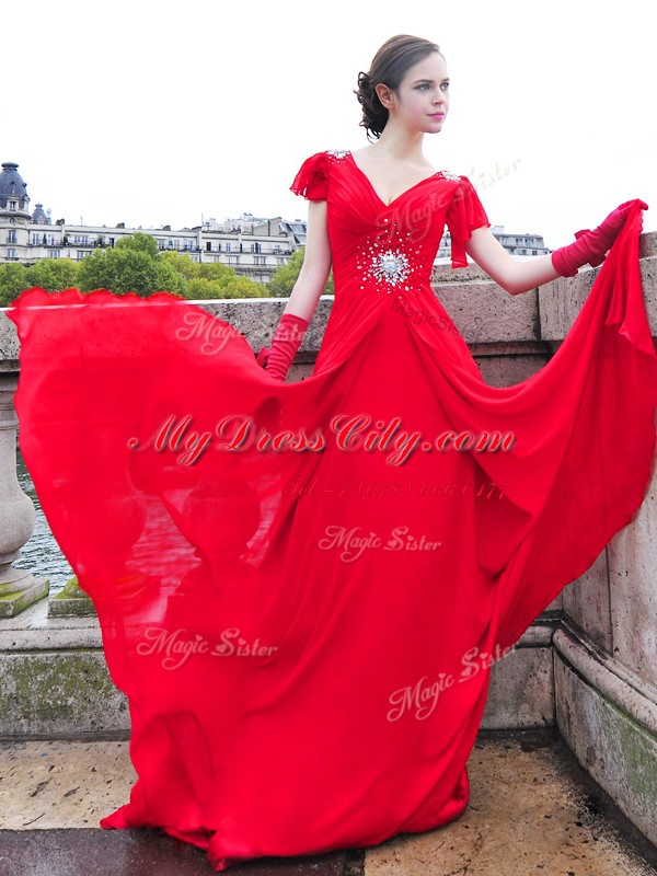 Sophisticated Red Column/Sheath Beading and Ruching Lace Up Chiffon Cap Sleeves With Train