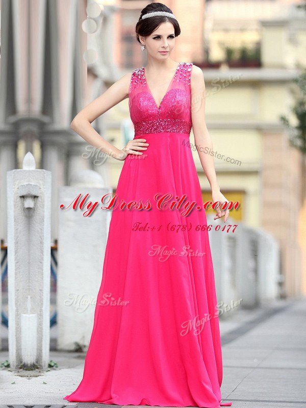 Hot Pink Chiffon Zipper Dress for Prom Sleeveless With Brush Train Beading and Sequins