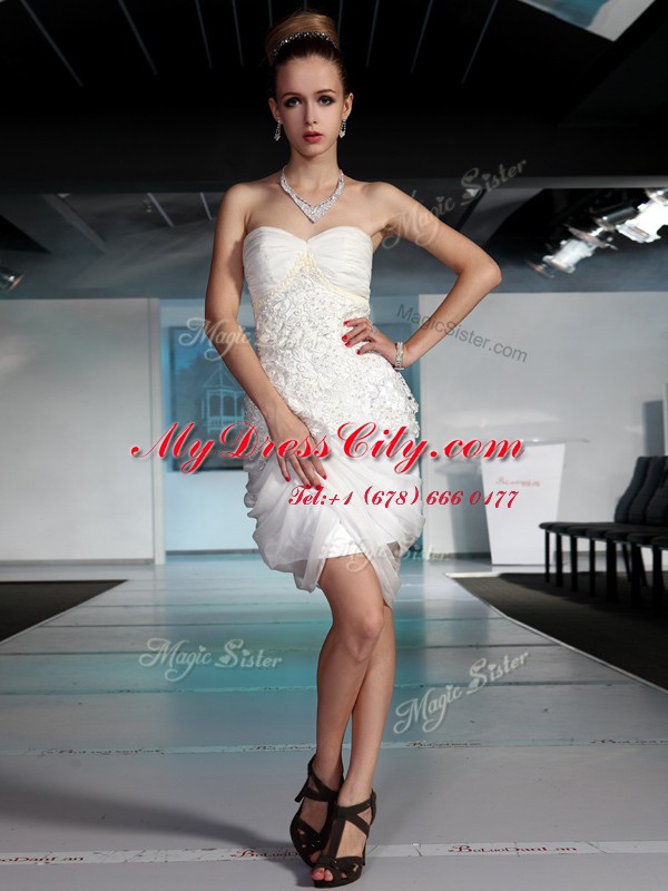 Noble White Sleeveless Knee Length Beading and Ruching Side Zipper Cocktail Dress