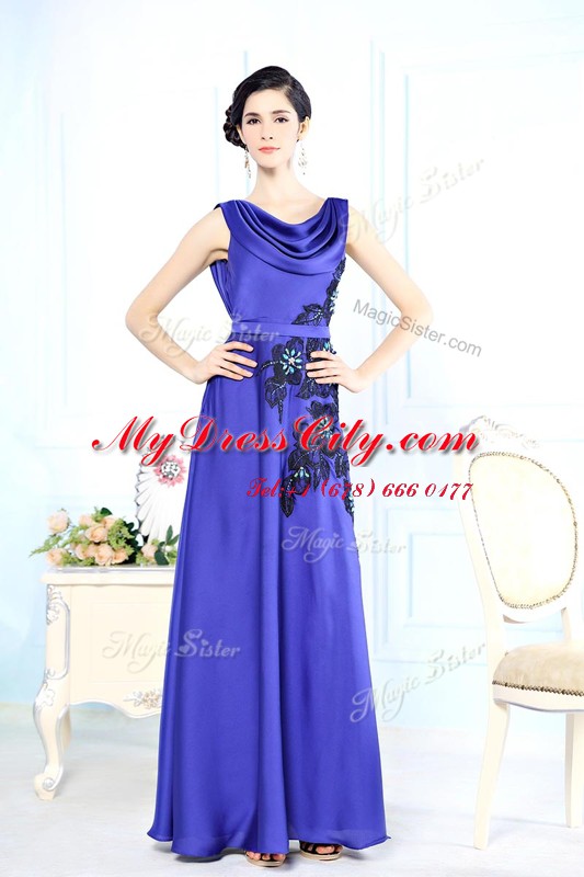 Most Popular Scoop Sleeveless Prom Dress Floor Length Appliques Blue Satin