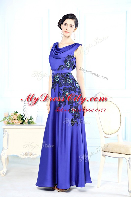 Most Popular Scoop Sleeveless Prom Dress Floor Length Appliques Blue Satin