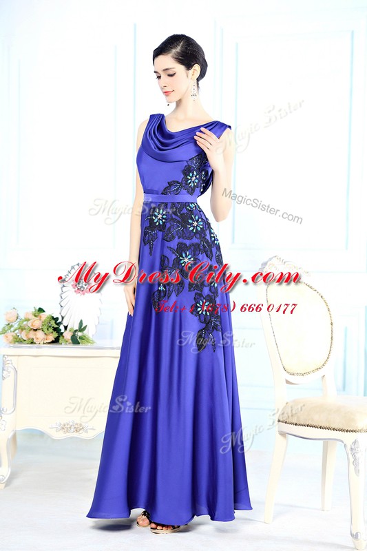 Most Popular Scoop Sleeveless Prom Dress Floor Length Appliques Blue Satin