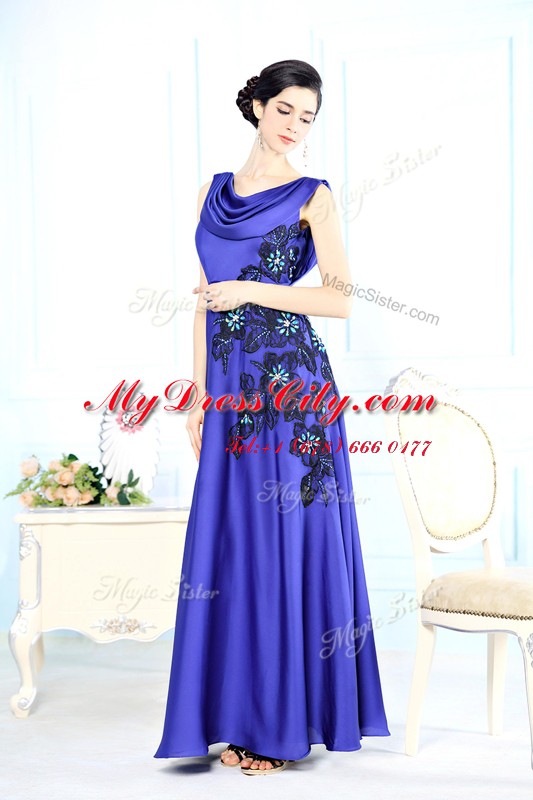 Most Popular Scoop Sleeveless Prom Dress Floor Length Appliques Blue Satin